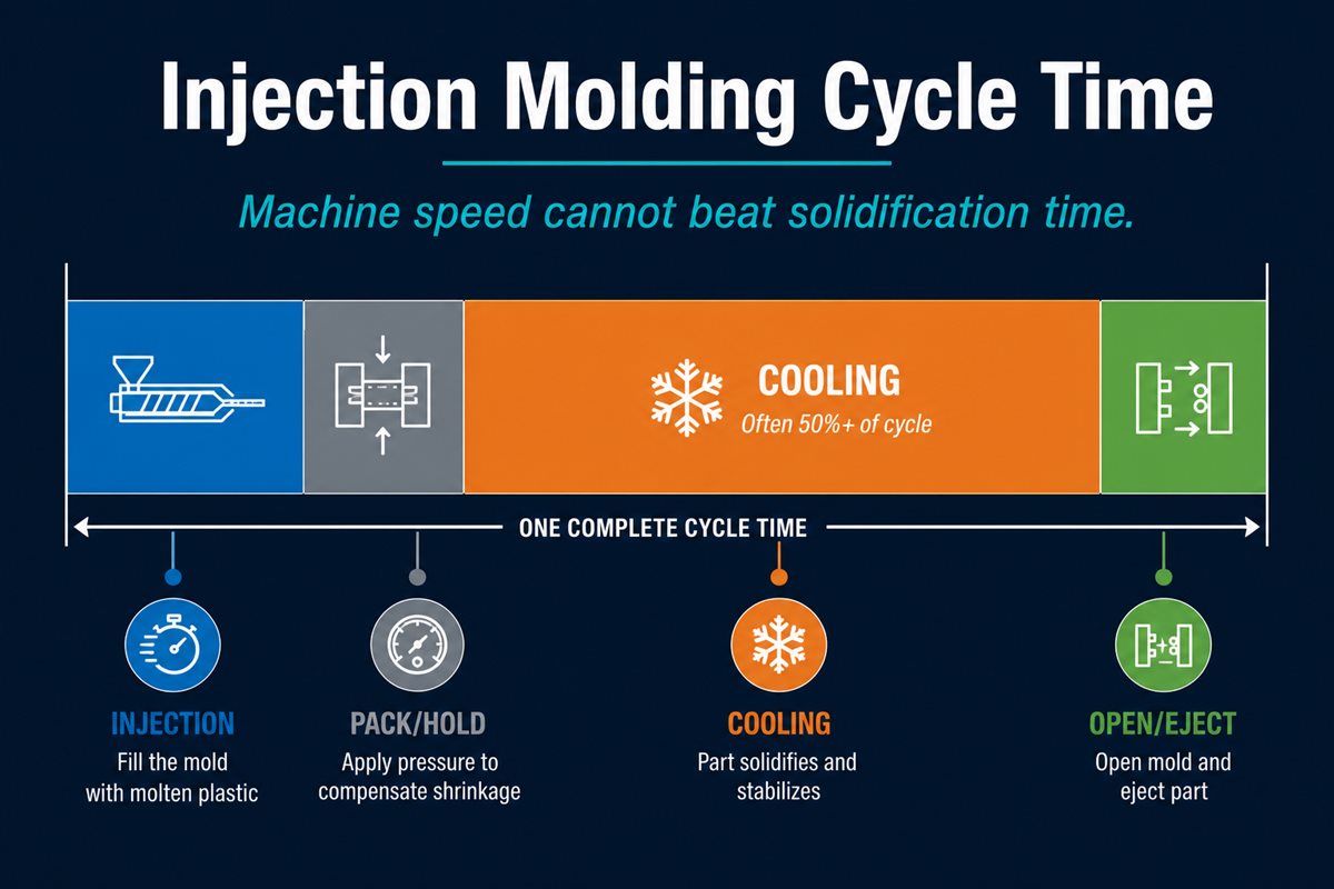 Injection molding cycle time breakdown showing cooling often exceeds 50 percent of the total cycle