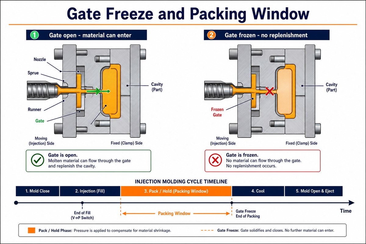 Packing Pressure in Injection Molding: Why Pack/Hold Matters After Fill 3 Gate Freeze and Packing Pressure Window