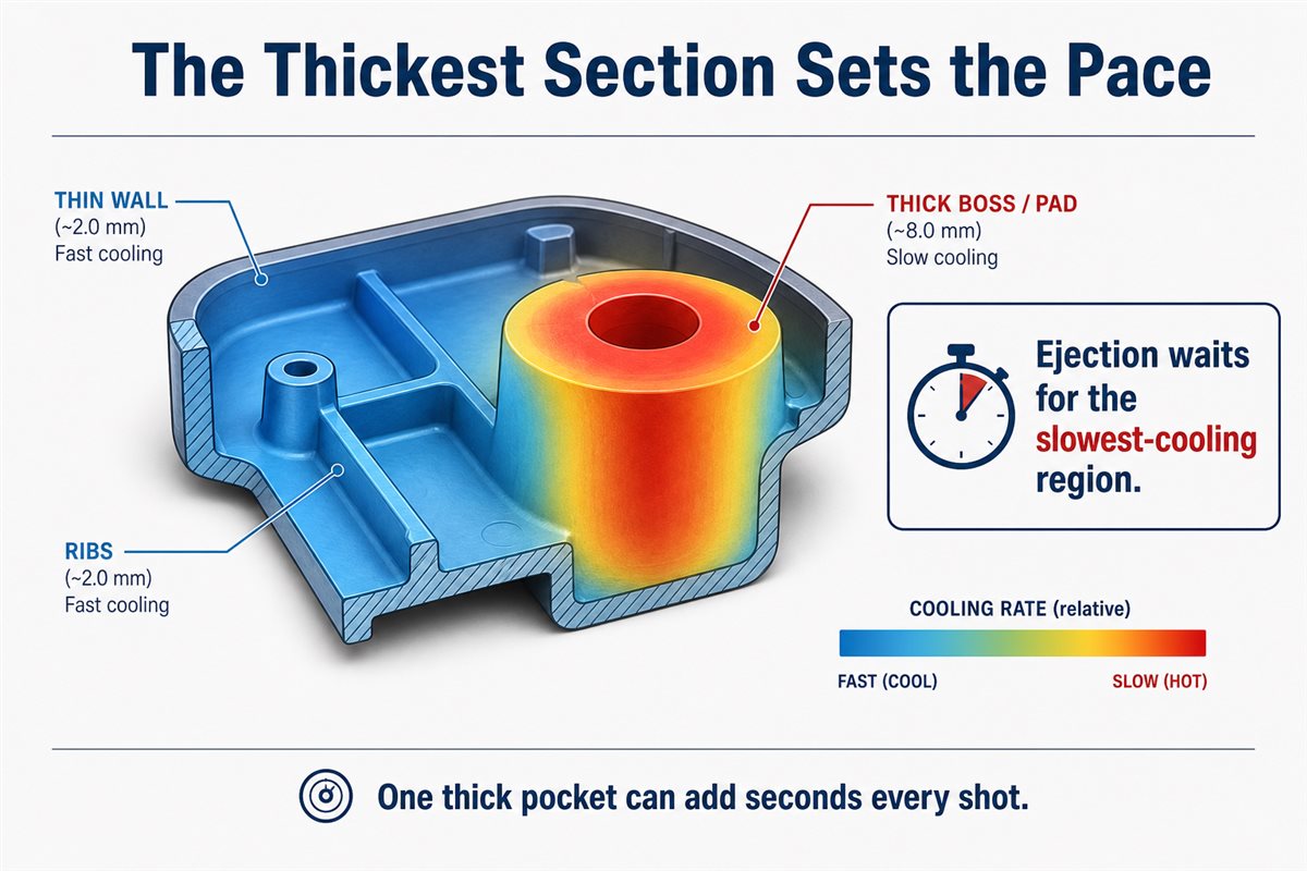 Thick section in an injection molded part creating a cooling bottleneck for the entire mold cycle