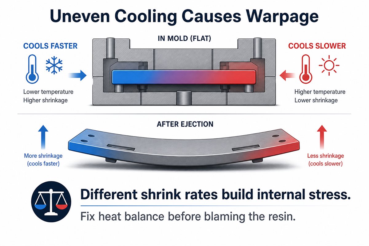 Uneven cooling causing different shrink rates and warpage in an injection molded part